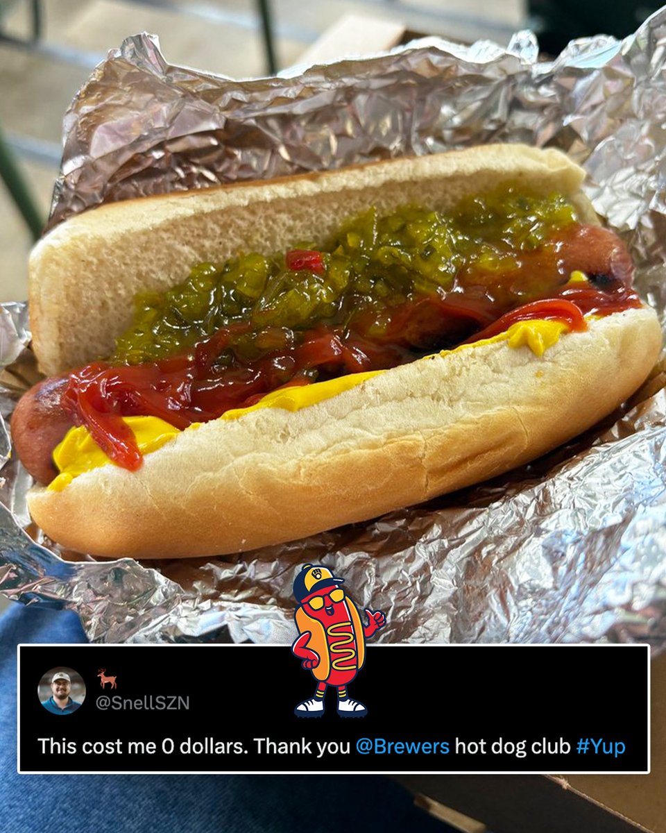 Brewers's tweet image. It's the most elite and prestigious club for hot dog enthusiasts 🌭

For just $59.99, each membership includes a free hot dog at every game you attend + an exclusive hat 

→ brewers.com/hotdogclub