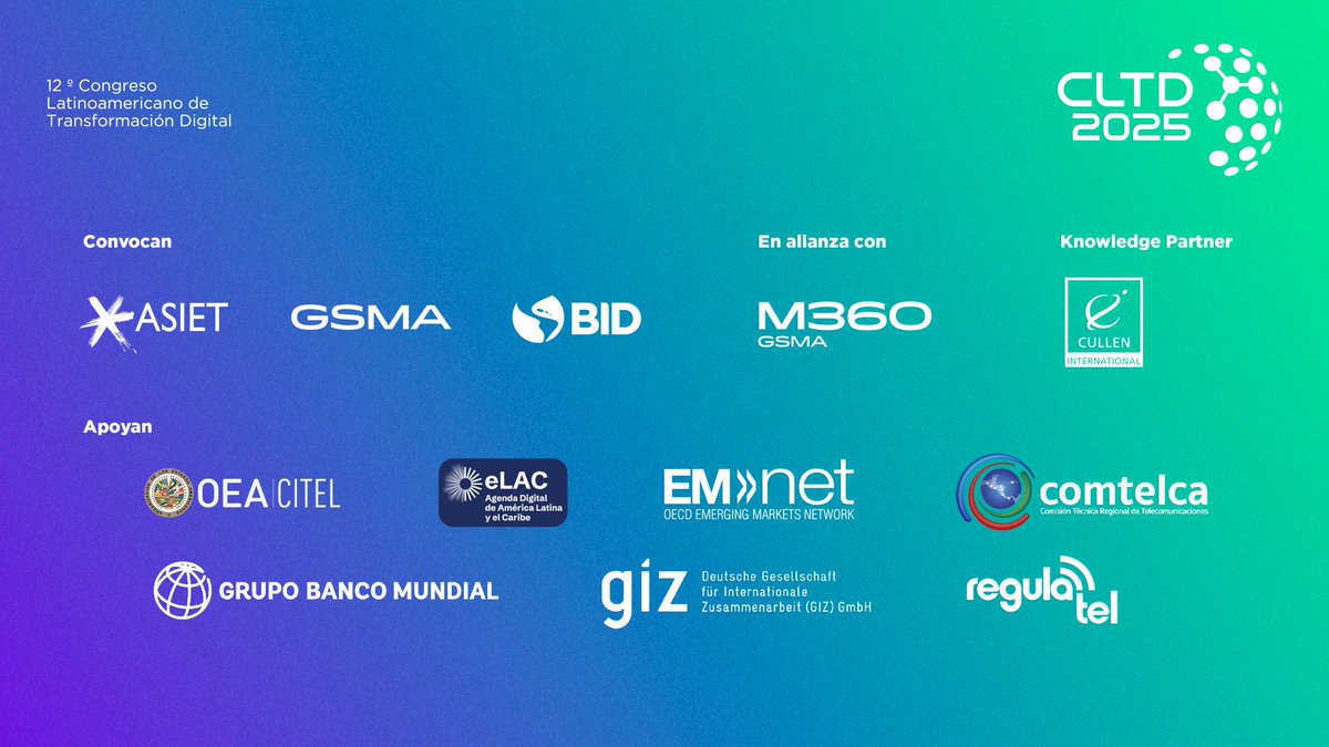 Súmate a #CLTD25 para dialogar sobre las políticas para la (r)evolución digital de América Latina.

🗓️ 28 y 29 de mayo
📍 Hyatt Regency Mexico City, Polanco
👥 Convocan <a href="/asiet_lat/">ASIET</a>, <a href="/GSMALatam/">GSMA Latin America</a> y <a href="/el_BID/">Banco Interamericano de Desarrollo</a> 
📊 Knowledge Partner <a href="/CullenInt/">Cullen International</a> 
👍 Apoyan <a href="/OEA_CITEL/">Comisión Interamericana de Telecomunicaciones</a>, <a href="/eLAC_CEPAL/">eLAC CEPAL ONU</a>, EMNET