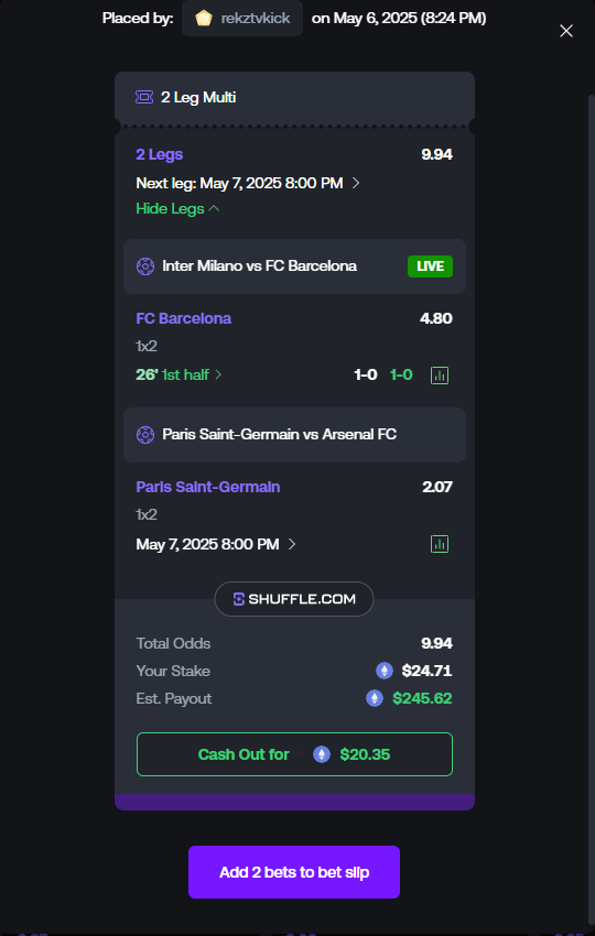 Decided to put a Cheeky Parlay on for the Champions League Games this evening on <a href="/shufflecom/">Shuffle.com</a> 

If this parlay hits ill tip 25$ to 2 people who repost and like this post :) 

GOOD LUCKS EVERYONE!.