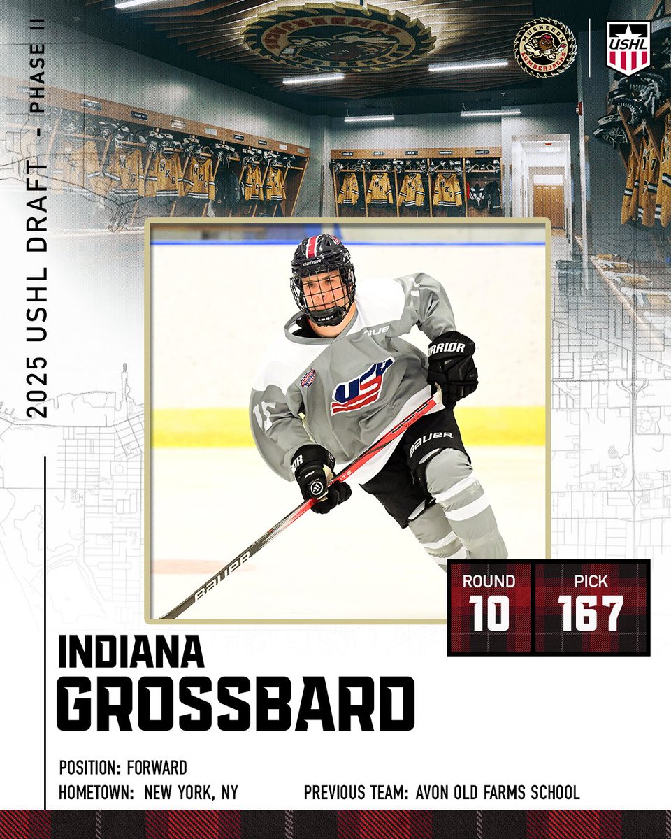 With the 167th overall pick in the 10th Round the Lumberjacks selected forward Indiana Grossbard from the Avon Old Farms School. Indiana had 42 points in 26 games recording 26 goals and 16 assists.