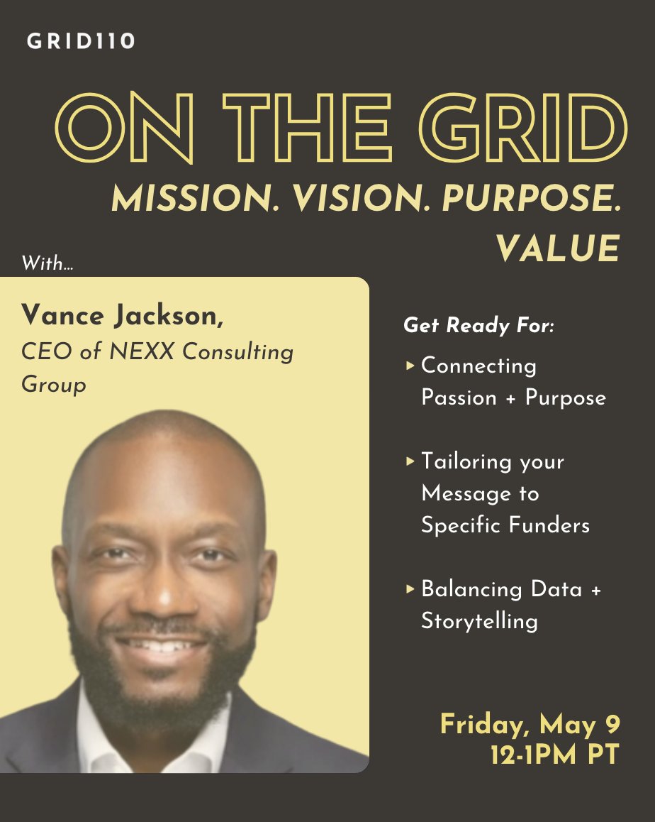 Grid110 (@grid110) on Twitter photo 📣Calling all #founders, nonprofit leaders, and #changemakers: Is your pitch doing your mission justice?
Join us on May 9 for "Mission. Vision. Purpose. Value." w/ <a href="/VanceKJackson/">Vance Jackson</a>, to learn how to craft a #pitch that inspires, not just informs!
✅RSVP: lu.ma/sf4wz5i9 📣Calling all #founders, nonprofit leaders, and #changemakers: Is your pitch doing your mission justice?
Join us on May 9 for "Mission. Vision. Purpose. Value." w/ <a href="/VanceKJackson/">Vance Jackson</a>, to learn how to craft a #pitch that inspires, not just informs!
✅RSVP: lu.ma/sf4wz5i9