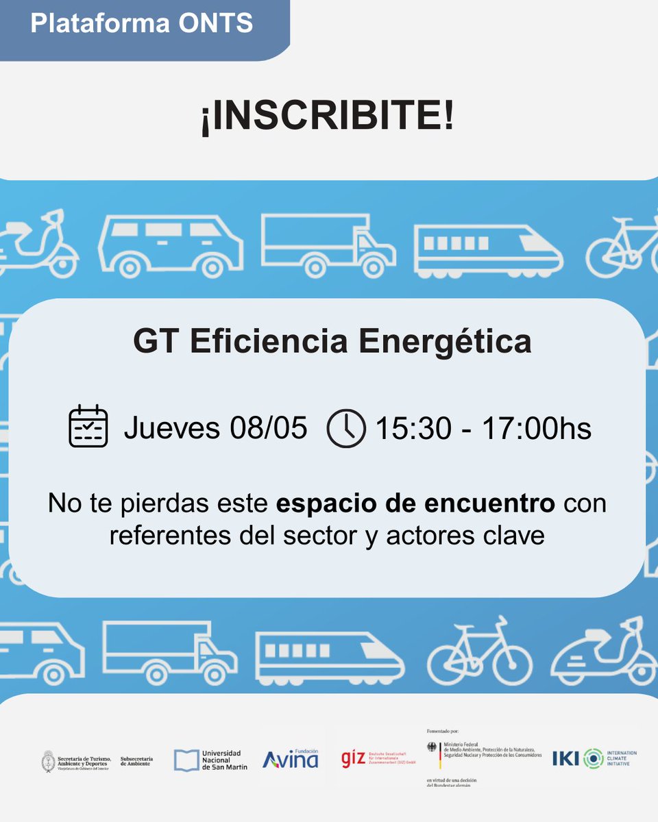 Desde la Plataforma Observatorio Nacional de Transporte Sostenible - ONTS, te invitamos a participar en la 2da sesión del Grupo de Trabajo de Eficiencia Energética.
Jueves 08 de Mayo
15.30 hs a 17.00hs
Formato Virtual (Plataforma Zoom)
Sumate: bit.ly/4iZZZry