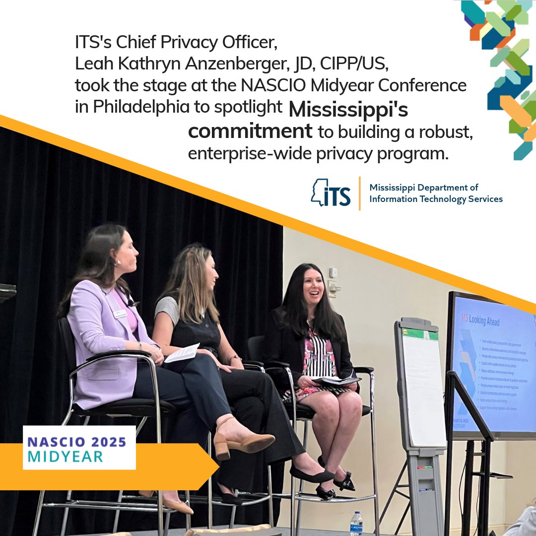 MSDeptofITS's tweet photo. MSITS CPO Leah Kathryn Anzenberger joined @NASCIO and peers at #NASIO Midyear to spotlight building statewide privacy programs.
https://t.co/WJ4ft9ep1V
#PrivacyMatters #MDITs #StateIT #NASCIO #PublicSectorPrivacy #DigitalTrust #MississippiIT #DataGovernance #EnterprisePrivacy https://t.co/7VXVBxkCf8