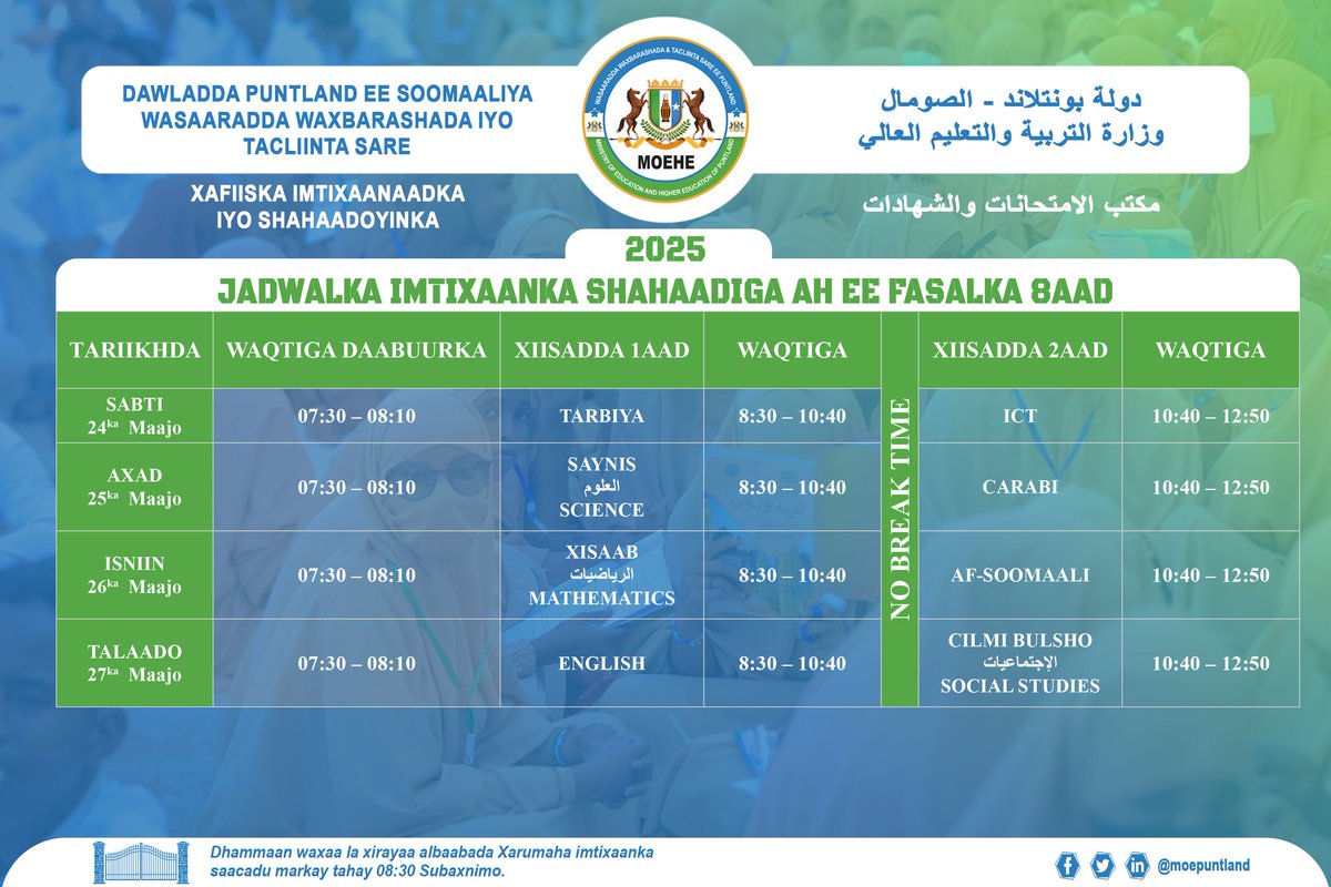 Jadwalka Imtixaanaadka Shahaadiga er Puntland 2024-2025.

 2024–2025 national examination schedule.