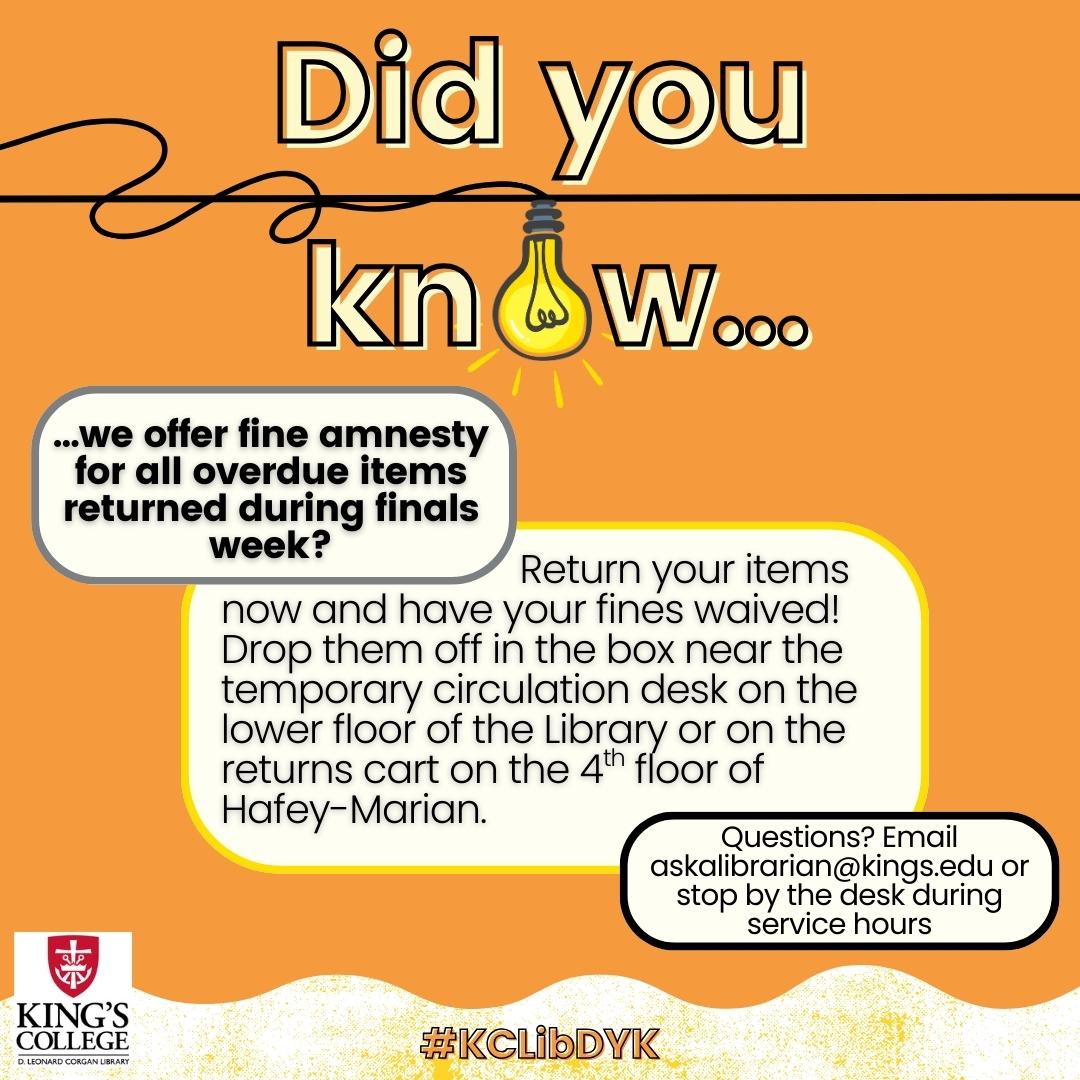 Did you know we offer fine amnesty during Finals Week? Return your items now &amp; we'll waive your fines! All items due back by Wednesday, May 14! Leave them in the box near the Circulation Desk or on the returns cart on the 4th floor of Hafey-Marian. Thank you!