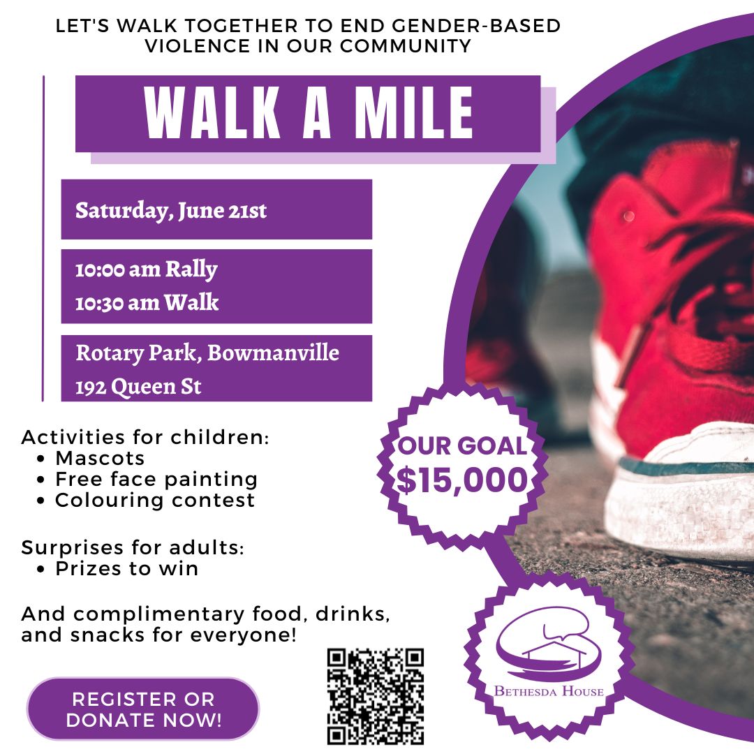 Join us for Walk A Mile, where we walk in solidarity with survivors of gender-based violence. 
📆Saturday, June 21st
🕙10:00 AM – 1:00 PM
📍Rotary Park, Bowmanville
loom.ly/aby1w08
#WalkAMile #BethesdaHouse #SupportSurvivors #BowmanvilleEvents #DurhamRegion