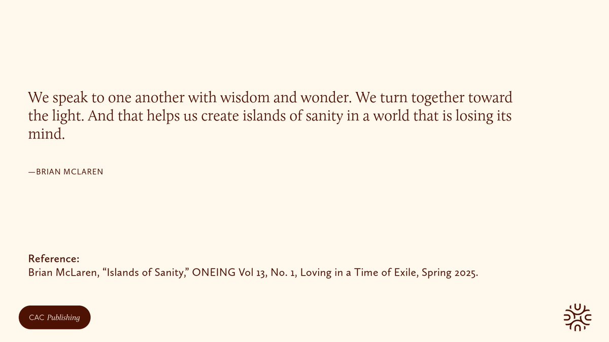 cac_abq's tweet photo. "How do we survive in a time when hurricane-force deception and madness levels are reaching flood stage? One answer might surprise you: contemplation."
Read more from @BrianMcLaren's essay "Islands of Sanity" in our NEW issue of #ONEING — out now! Read on https://t.co/Jk830bUZJB https://t.co/cN18BQaHuV