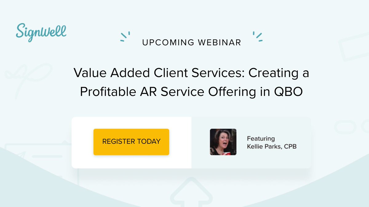 SignWellApp's tweet image. WEBINAR: Value Added Client Services: Creating a Profitable AR Service Offering in #QBO. On May 29th,  Kellie Parks, CPB (known for bringing clarity and fun to #AccountingTech), will show you how to streamline AR and run a more efficient firm.
us02web.zoom.us/webinar/regist…