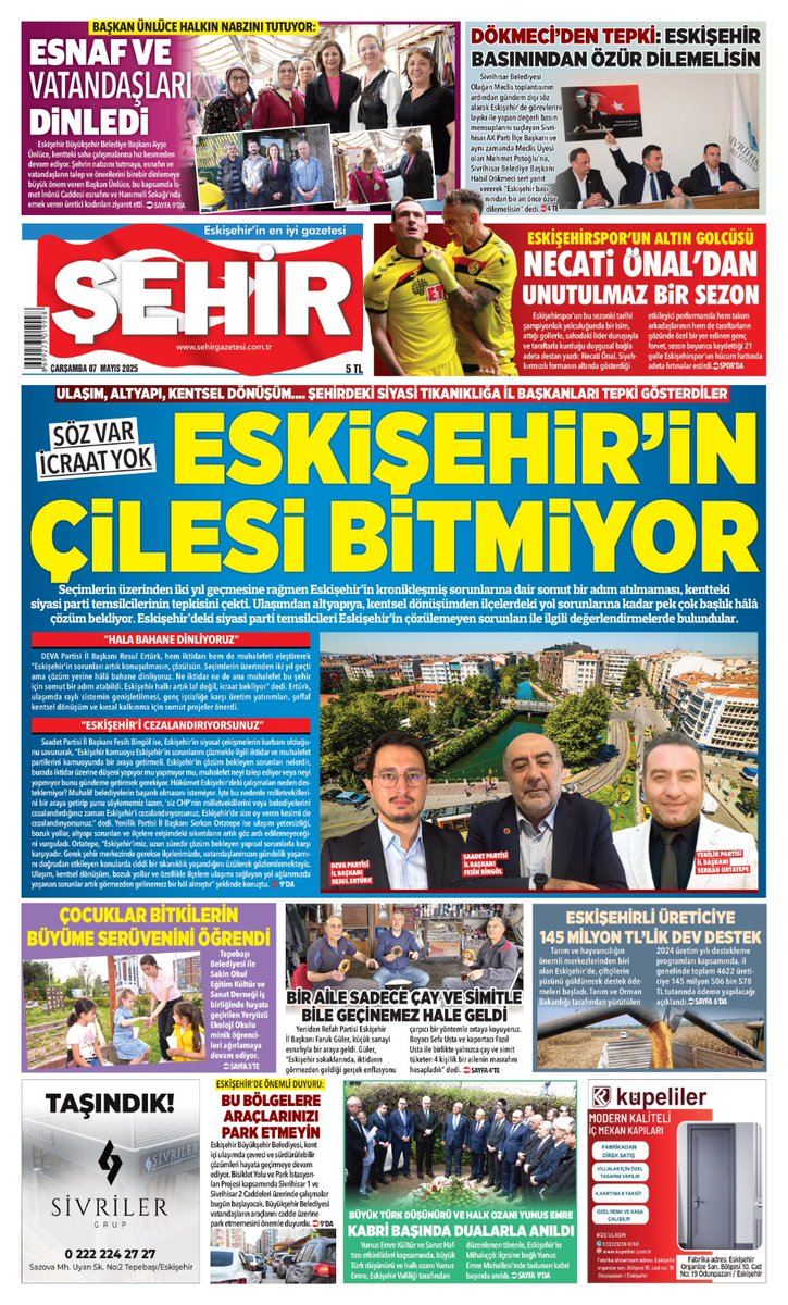 Eskişehir'in gündemini gazeteniz ŞEHİR'den takip edin... ESKİŞEHİR'İN EN İYİ GAZETESİ