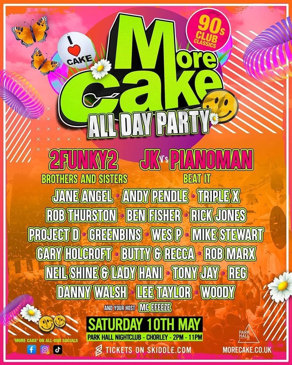 Next up we got the massive More Cake in Chorley this Saturday, it's an all day event from 2pm-11pm and check the cahoonas on this lineup!

Last few tickets are available from here: skiddle.com/whats-on/Chorl…