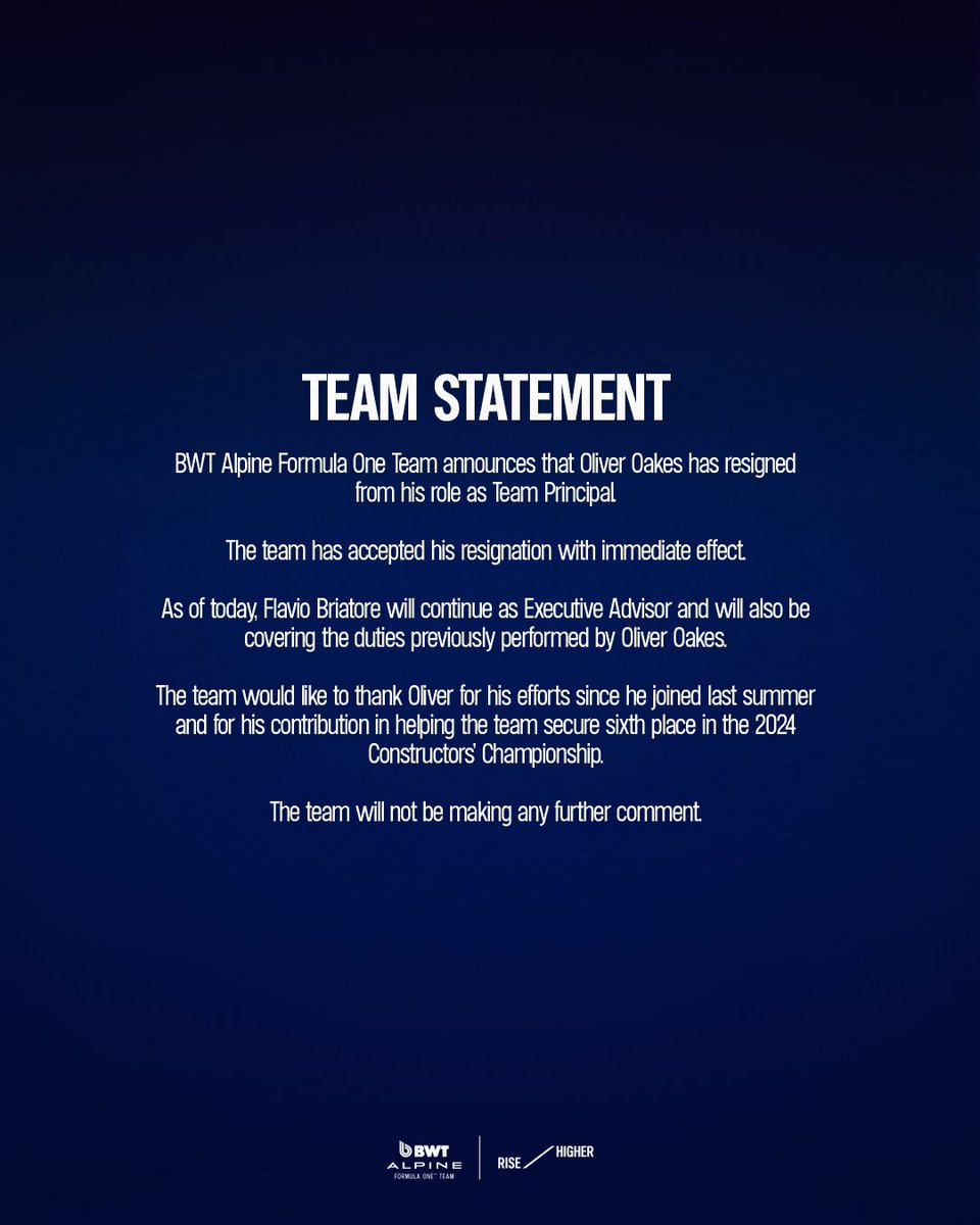 PrimeF1__'s tweet photo. 🚨⚠️BREAKING NEWS: CAMBIOS EN ALPINE

Con efecto inmediato, se ha aceptado la renuncia de Oliver Oakes al cargo de director del equipo. Flavio Briatore tomará de manera temporal el mando a la par de su labor como asesor.

Fuentes de confianza de @PrimeF1__, al interior del equipo en Francia, han comentado extraoficialmente que la renuncia de Oliver Oakes proviene de su desacuerdo de bajar a Jack Doohan. El cambio de piloto podría venir de inmediato para el GP de Imola, siendo Colapinto quien tomaría el lugar. 🔥🇫🇷