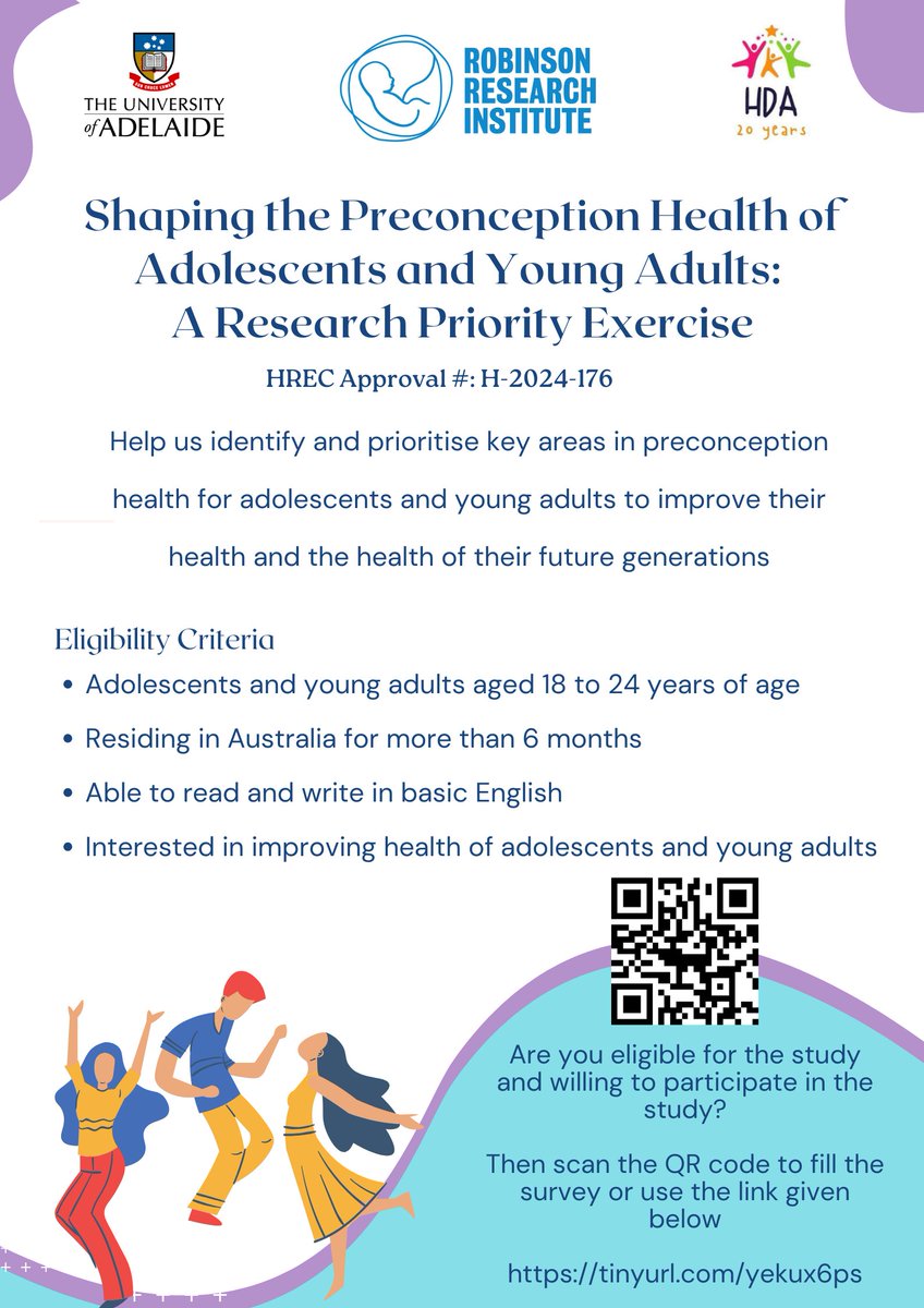 HDA - Healthy Development Adelaide (@hda_sa) on Twitter photo Are you 18-24 years of age and interested in improving health of adolescents and young adults?
Please undertake this brief survey āShaping the Preconception Health of Adolescents and Young Adultsā. <a href="/RobsInstitute/">Robinson Research Institute</a> <a href="/UniofAdelaide/">Uni of Adelaide</a> Are you 18-24 years of age and interested in improving health of adolescents and young adults?
Please undertake this brief survey āShaping the Preconception Health of Adolescents and Young Adultsā. <a href="/RobsInstitute/">Robinson Research Institute</a> <a href="/UniofAdelaide/">Uni of Adelaide</a>
