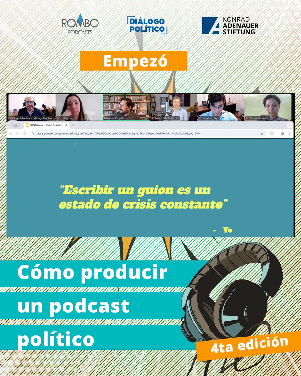 Diálogo Político (@dplatinoamerica) on Twitter photo 🎙️✨ ¡Arrancó el Dp Campus Podcast Político! ✨🎙️
Hoy estamos en clase con 🎙️Mariano Pagella (<a href="/mmarianop/">Mariano M Pagella 🎧🎤</a>), productor y guionista en
<a href="/AdondeMedia/">Adonde Media</a> 📝🎧
🌎 Participantes de toda América Latina se sumaron a este taller para descubrir:
✅ Cómo crear un guion para un podcast
✅ Por 🎙️✨ ¡Arrancó el Dp Campus Podcast Político! ✨🎙️
Hoy estamos en clase con 🎙️Mariano Pagella (<a href="/mmarianop/">Mariano M Pagella 🎧🎤</a>), productor y guionista en
<a href="/AdondeMedia/">Adonde Media</a> 📝🎧
🌎 Participantes de toda América Latina se sumaron a este taller para descubrir:
✅ Cómo crear un guion para un podcast
✅ Por