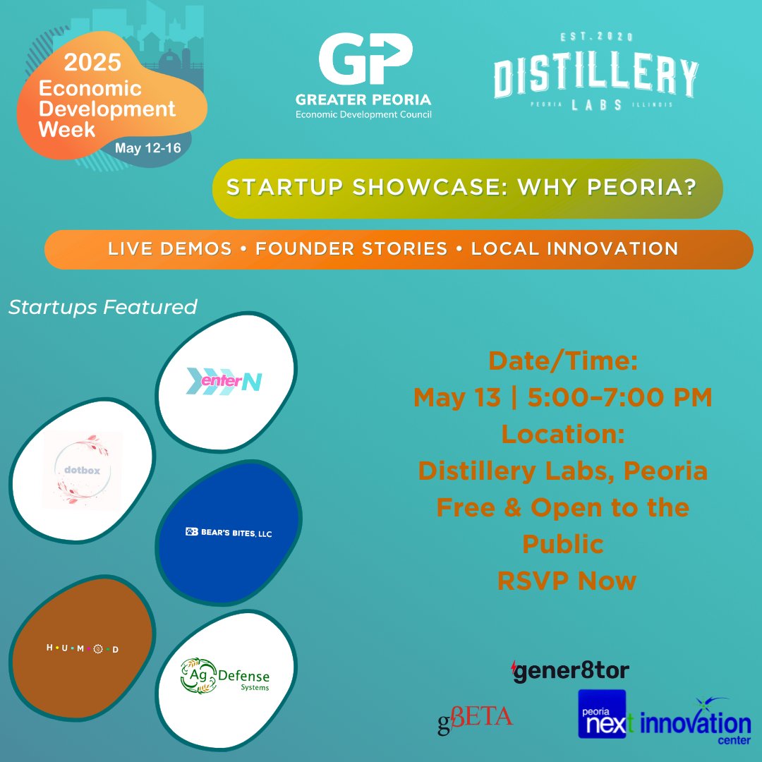 🔥 We’re lighting up the lab for #EconDevWeek!
The Startup Showcase hits Distillery Labs May 13. Come meet the founders building Peoria’s future.
RSVP now → ow.ly/REUQ50VNM6b
#StartupShowcase #WhyPeoria #DistilleryLabs #StartupGP