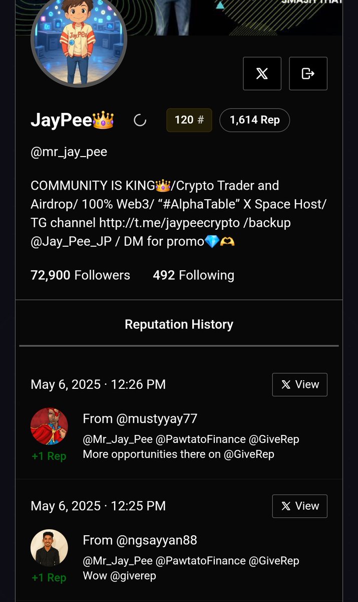 Mr_Jay_Pee's tweet photo. Update for @GiveRep Fans

Reputation History is now visible for everyone. 

Go under your Profile and check where you're getting your reputation from and track it. 

Cc: @raidenx_io https://t.co/LtyuraaMbm