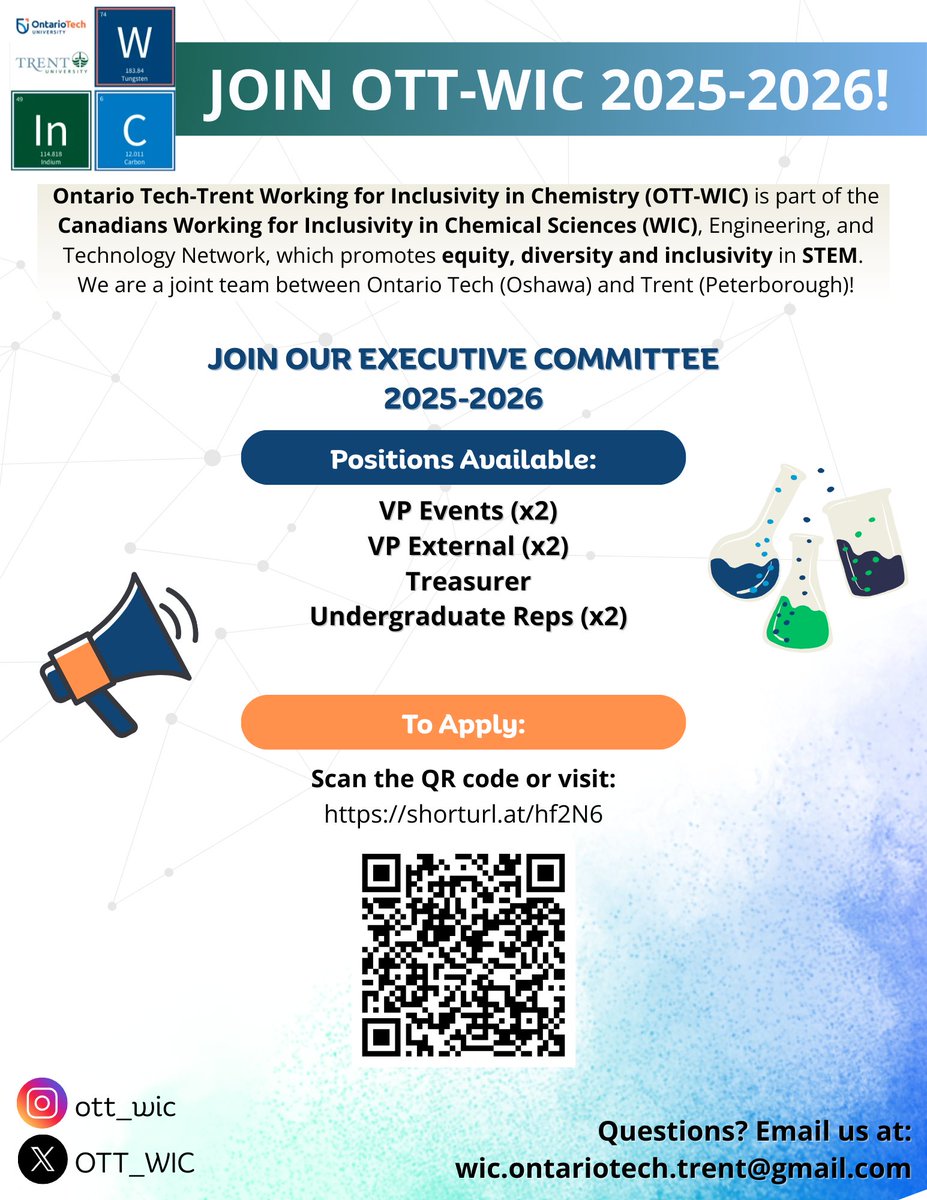 🚨We're Recruiting!!!
Join OTT-WIC’s✨2025–2026✨Executive Team to help promote equity &amp; inclusion in STEM across Canada:

VP Events (x2) 
VP External (x2) 
Treasurer 
Undergrad Reps (x2)

🔗Apply: shorturl.at/hf2N6 or DM us!
#OTTWIC #EDI #DiversityInSTEM #STEMinclusion