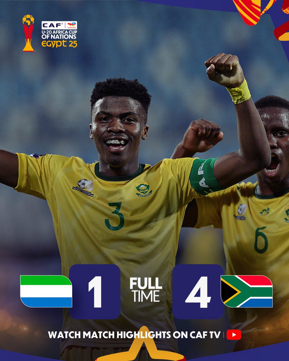 FULL-TIME!

South Africa edge it with an important win over Sierra Leone. ✅🇿🇦

#TotalEnergiesAFCONU20 | #SLERSA