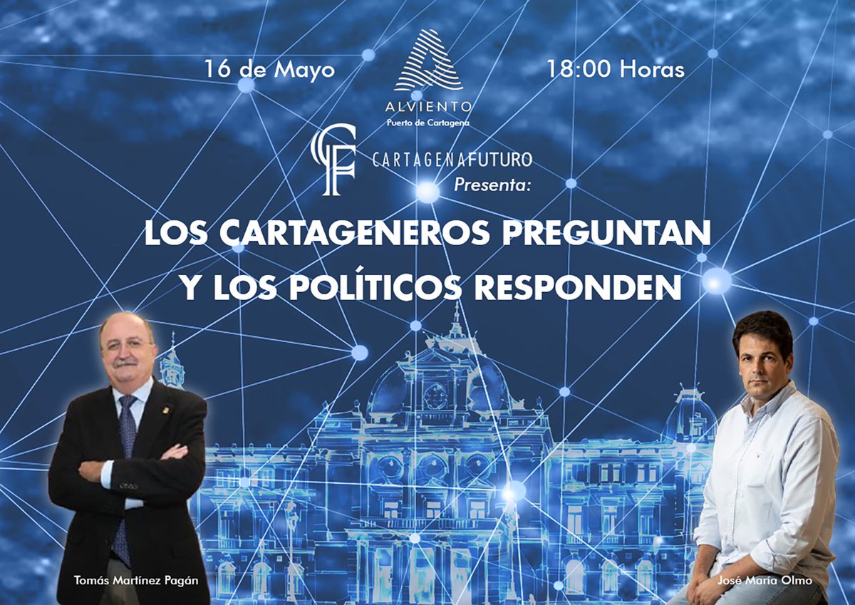 Un evento al que no puedes faltar el día 16 de Mayo en el Alviento, Puerto de Cartagena. Si alguna asociación quiere participar que no dude en enviar 3 preguntas al email; admon@cartagenafuturo.es y nos pondremos en contacto para invitarla si el aforo lo permite. Gracias.