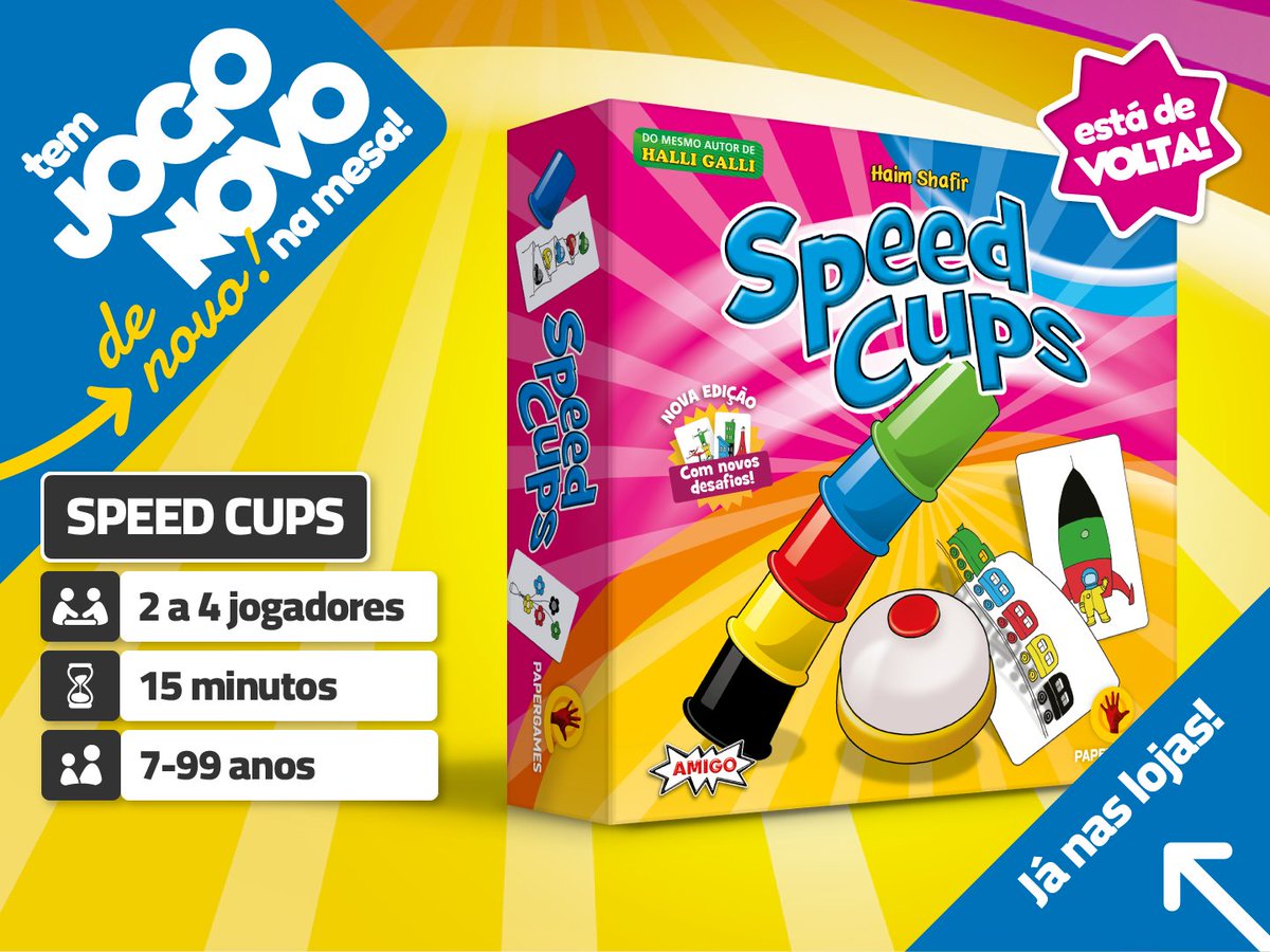 TEM JOGO NOVO DE NOVO NA MESA! 

O tão amado Speed Cups está de volta. 🛎️💨 E agora em uma nova edição, com novos desafios! 

papergames.com.br/speed-cups/

JÁ NAS LOJAS. 🌈❤️