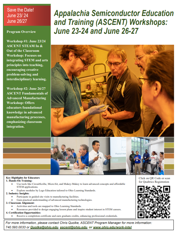 Appalachia Semiconductor Education and Technical Ecosystem (ASCENT)
June 23-24 and June 26-27
Ohio University
June 23/24 - ASCENT STEAM In &amp; Out of the Classroom
June 26/27 - ASCENT Fundamentals of Advanced Manufacturing
ohio.edu/work-intel