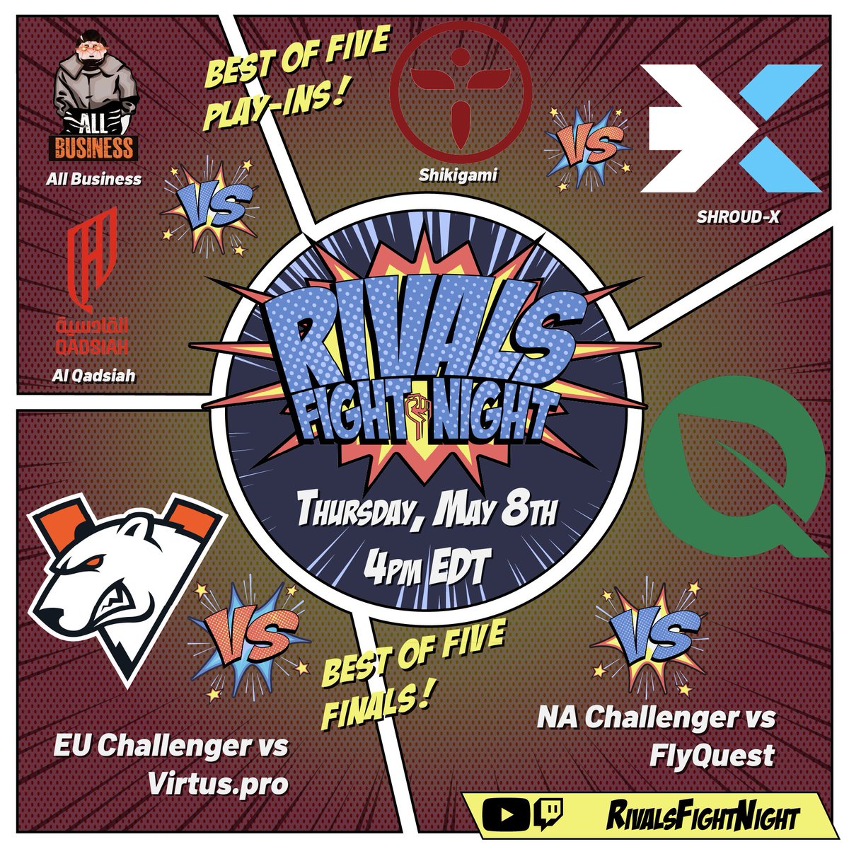 Rivals Fight Night (@rivalsrfn) on Twitter photo Rivals Fight Night #10:
<a href="/AllBusiness_MR/">All business</a> vs <a href="/AlQadsiahES/">AlQadsiah Esports</a>
EU Challenger vs <a href="/virtuspro__MR/">Virtus.pro Marvel Rivals</a>
<a href="/ShikigamiGGs/">Shikigami</a> vs <a href="/TeamSHROUDX/">SHROUD-X</a>
NA Challenger vs <a href="/FlyQuestRivals/">FlyQuest Rivals</a> Rivals Fight Night #10:
<a href="/AllBusiness_MR/">All business</a> vs <a href="/AlQadsiahES/">AlQadsiah Esports</a>
EU Challenger vs <a href="/virtuspro__MR/">Virtus.pro Marvel Rivals</a>
<a href="/ShikigamiGGs/">Shikigami</a> vs <a href="/TeamSHROUDX/">SHROUD-X</a>
NA Challenger vs <a href="/FlyQuestRivals/">FlyQuest Rivals</a>