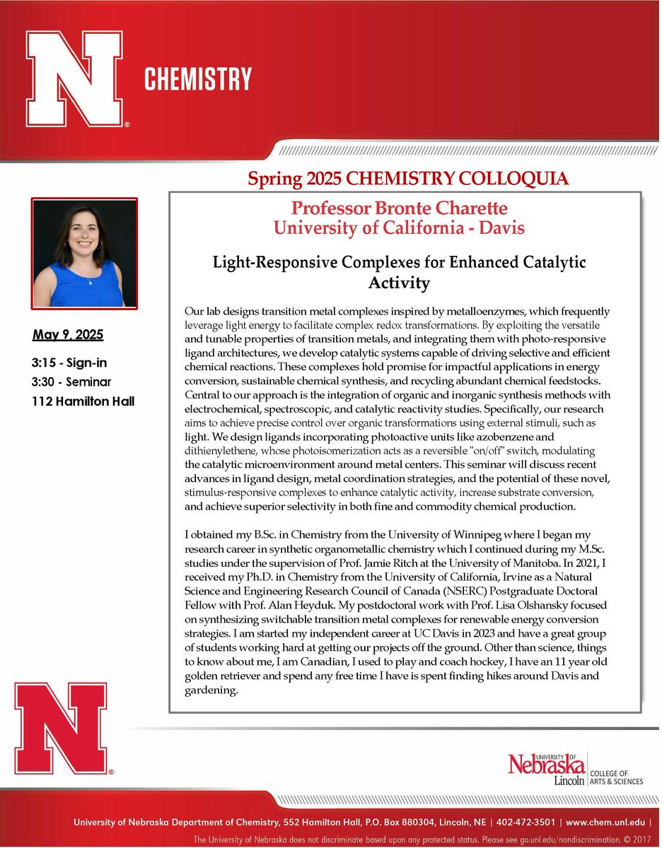 This Friday, May 9, we have our last colloquium seminar for the Spring Semester. Professor Bronte Charette from University of California - Davis will be joining us as our speaker. Seminar begins at 3:30pm in room 112 Hamilton Hall