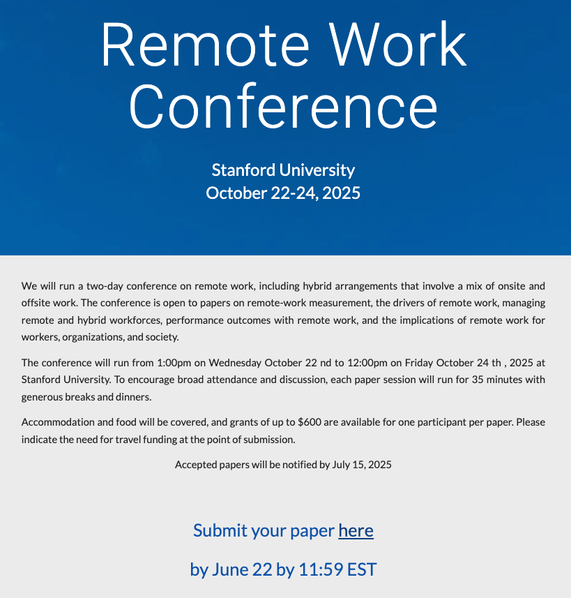 NataliaHEmanuel's tweet image. 📢 Call for remote work papers! 2025 Remote Work Conference is happening Oct 22-24 and we'd love to feature your paper!
Please submit papers by June 22nd @ 11:59
remoteworkconference.org has the relevant info