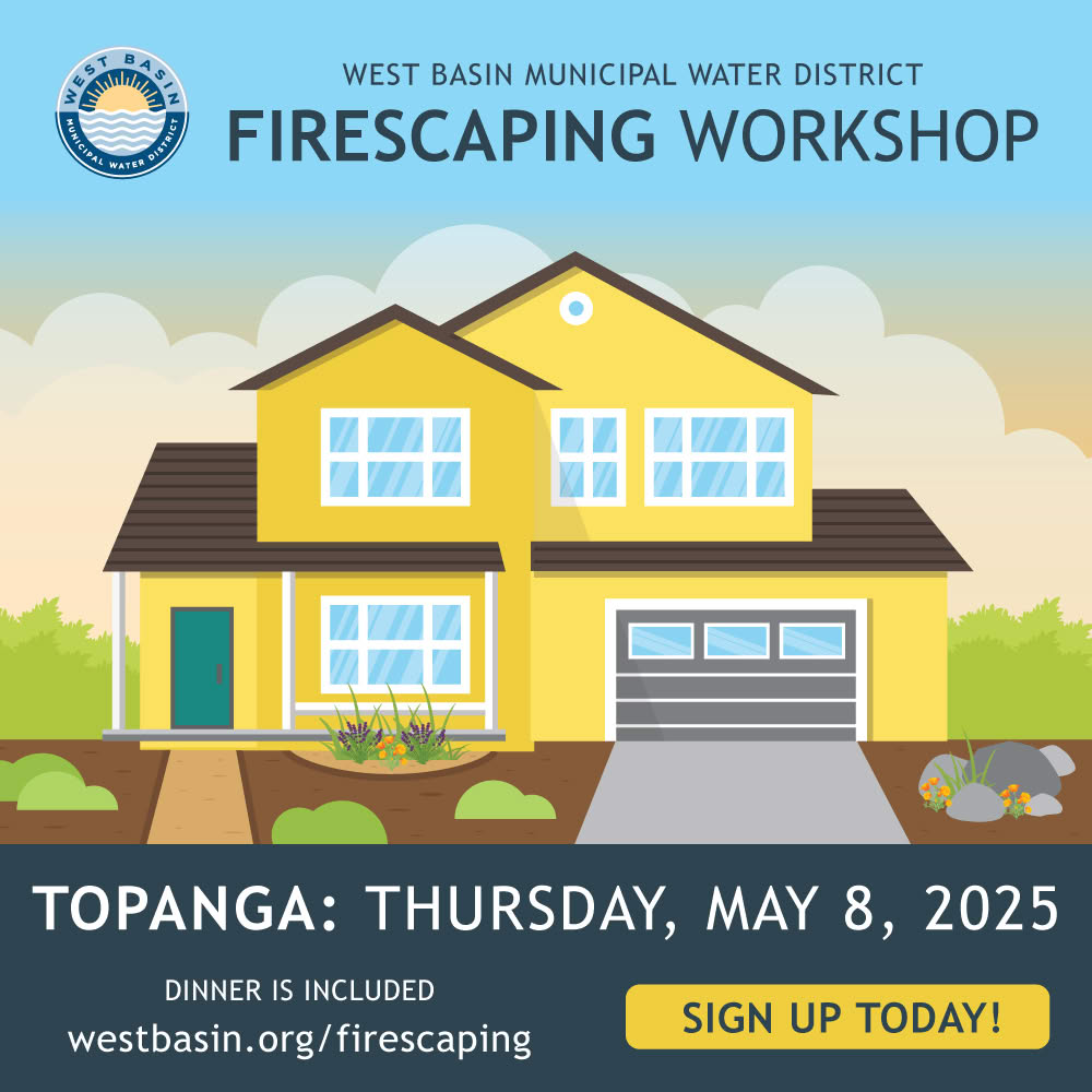 City of Malibu (@citymalibu) on Twitter photo 🔥 Join <a href="/WestBasin/">West Basin MWD</a> Municipal Water District for a Firescaping Workshop on Thursday, May 8, from 6–7:30 PM at the Topanga Library (122 N. Topanga Blvd).
Learn practical strategies to protect your home from wildfire, including:
✅ Creating defensible space
✅ Fire-resistant 🔥 Join <a href="/WestBasin/">West Basin MWD</a> Municipal Water District for a Firescaping Workshop on Thursday, May 8, from 6–7:30 PM at the Topanga Library (122 N. Topanga Blvd).
Learn practical strategies to protect your home from wildfire, including:
✅ Creating defensible space
✅ Fire-resistant