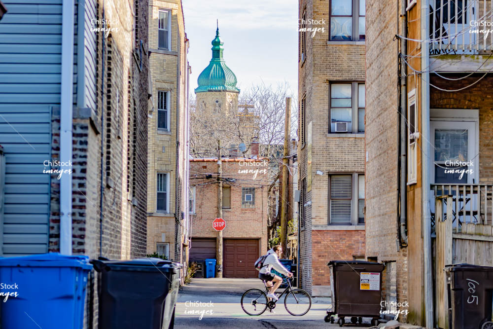 St. Nicholas Ukrainian Catholic Cathedral from Augusta Blvd Alley – West Town Chicago Spring View.