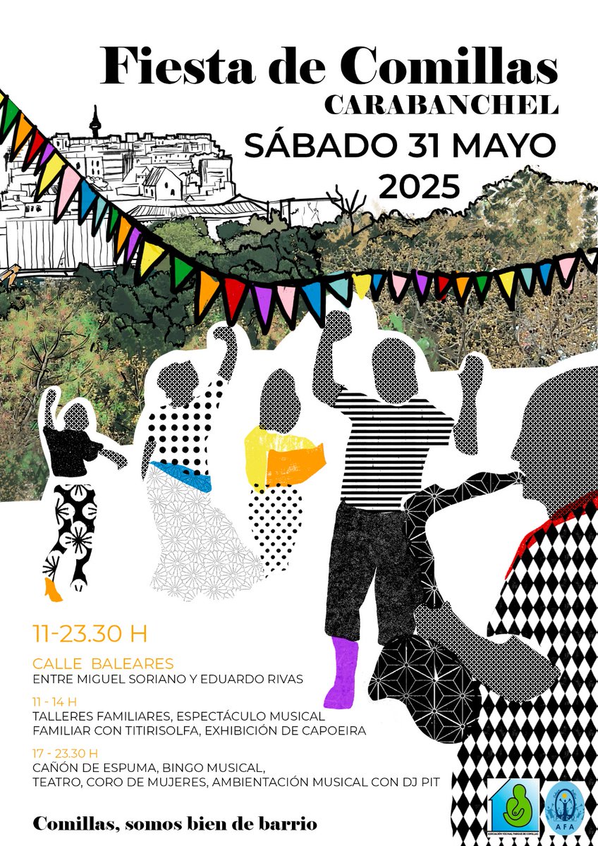 FIESTA POPULAR SAN ANTONIO-COMILLAS 🌷🚀 Vecinxs el barrio de Comillas se viste de FIESTA!!!! Con actividades para todas las edades
👀 Sábado 31 de mayo entre las 11:00 y las 23:30
👉 Calle Baleares, entre Miguel Soriano y Eduardo Rivas.
!!!PREPARATE QUE NOS VAMOS DE FIESTA!!!