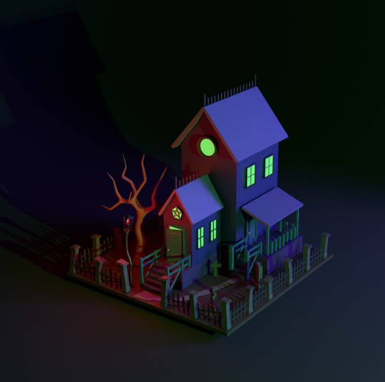 Fallzinnnn3DArt's tweet photo. This is my new artwork. It's in the blocking-out phase, and I'm studying some lighting now because I want to share more of this masterpiece.

#3dart #3d #blender #blender3d #br #brart #VGenCode #house #spookyhouse #art #isometric https://t.co/jk0RRMYkMz