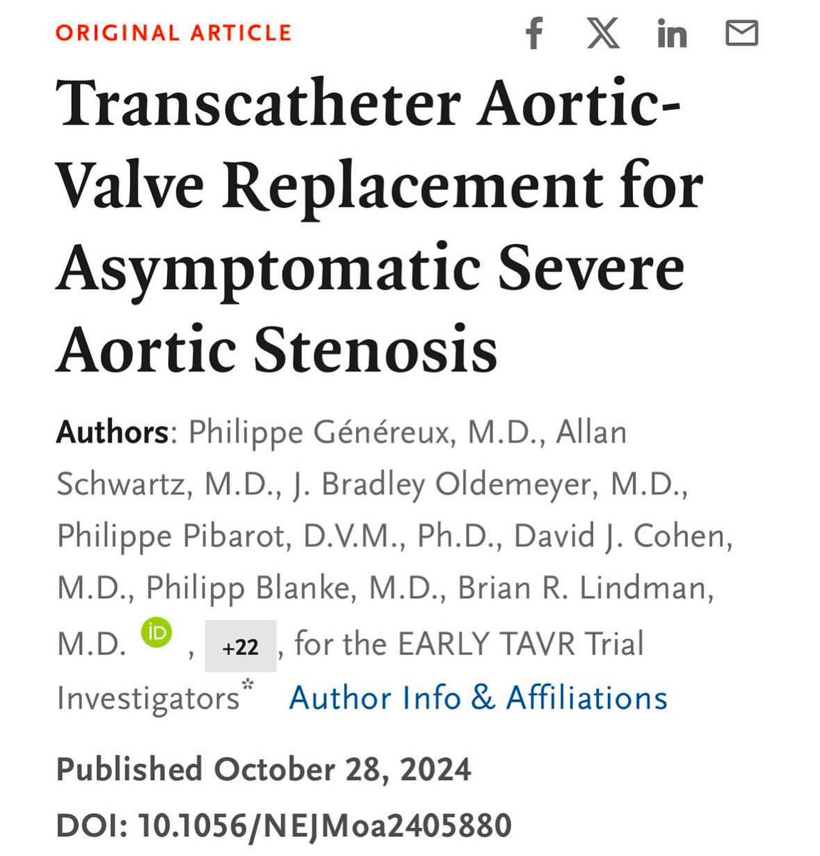 TAVR in asymptomatic patients? This trial showed TAVR to improve outcomes (driven mainly by ⬇️ hospitalizations) in severe aortic stenosis but ABSENCE of symptoms — echoing the smaller RECOVERY trial in “very severe” aortic stenosis in 2020. EARLY TAVR Trial, NEJM 2024 ♥️