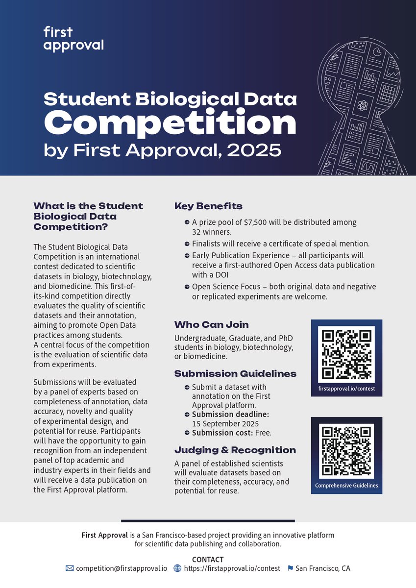 🚨 Student Bio Data Competition 🚨
$7500 in prizes 💸 | Free submission | Publication with DOI 🧾
Open to undergrads, grads &amp; PhDs 🧬
Deadline: Sept 15 🗓️
Submit 👉 firstapproval.io/contest
📢 Pls share with students &amp; university departments! 🙏 #OpenScience #GoFair