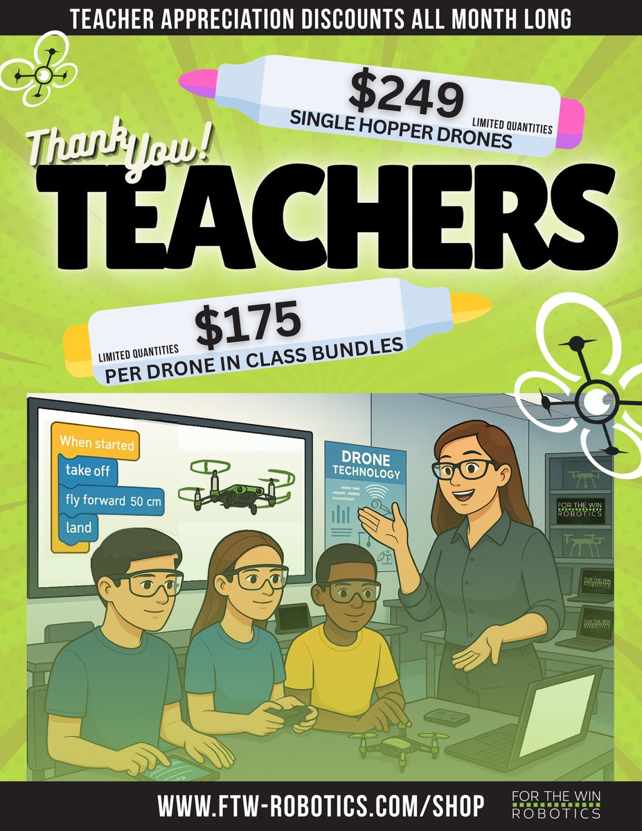 FTWRobotics's tweet image. Let&apos;s make Teacher Appreciation Week last all month.

At For The Win Robotics, we’re celebrating educators with discounted pricing on Hopper drones all throughout May:
✏️ $249 for single kits (limited quantities)
✏️ $175 per drone in classroom bundles (limited quantities)

Learn…