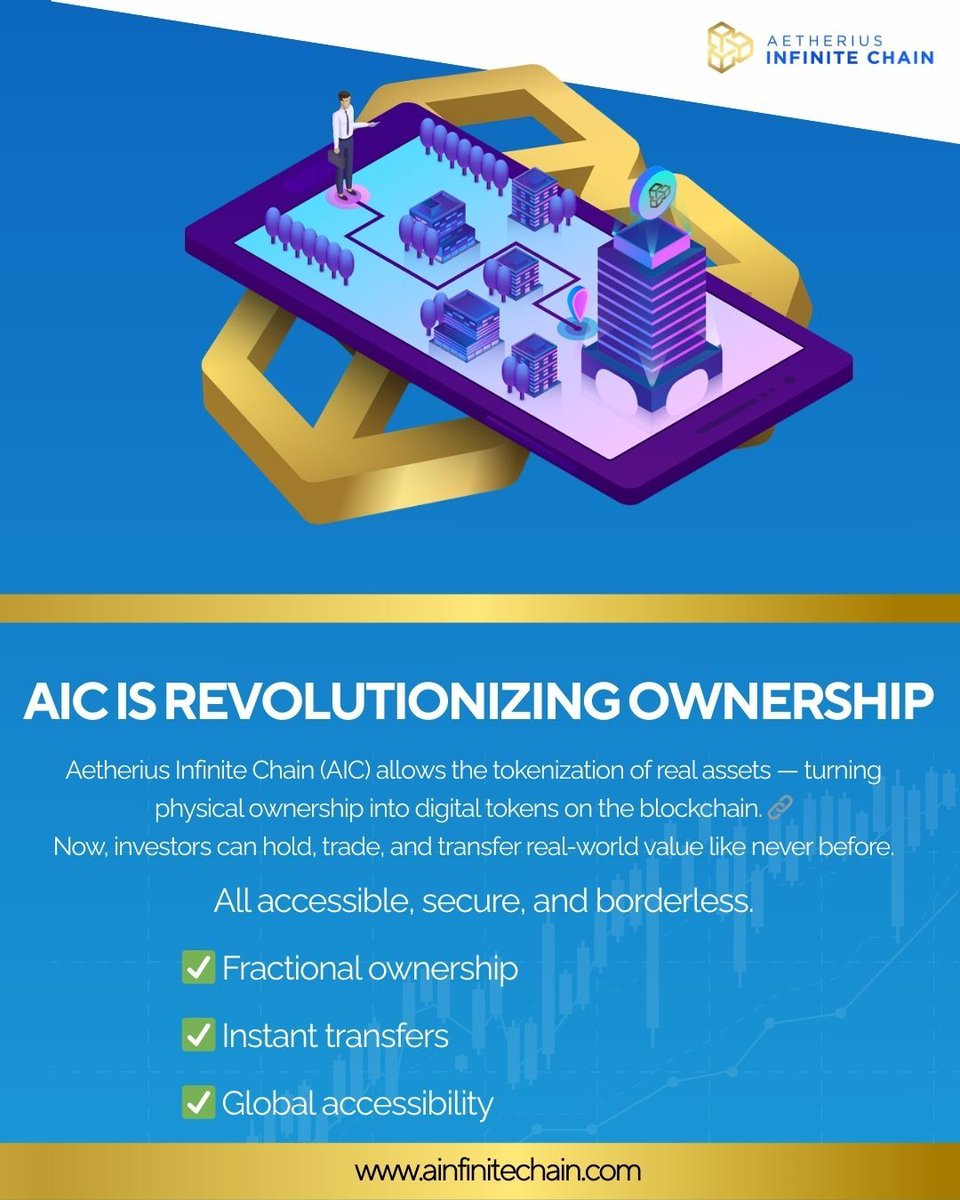 Aetherius Infinite Chain (AIC) is reshaping how we hold, trade, and transfer real-world assets — securely, instantly, and globally. 🌐✨

From fractional ownership to borderless transactions, we’re turning traditional ownership into digital freedom. Whether you're an investor or