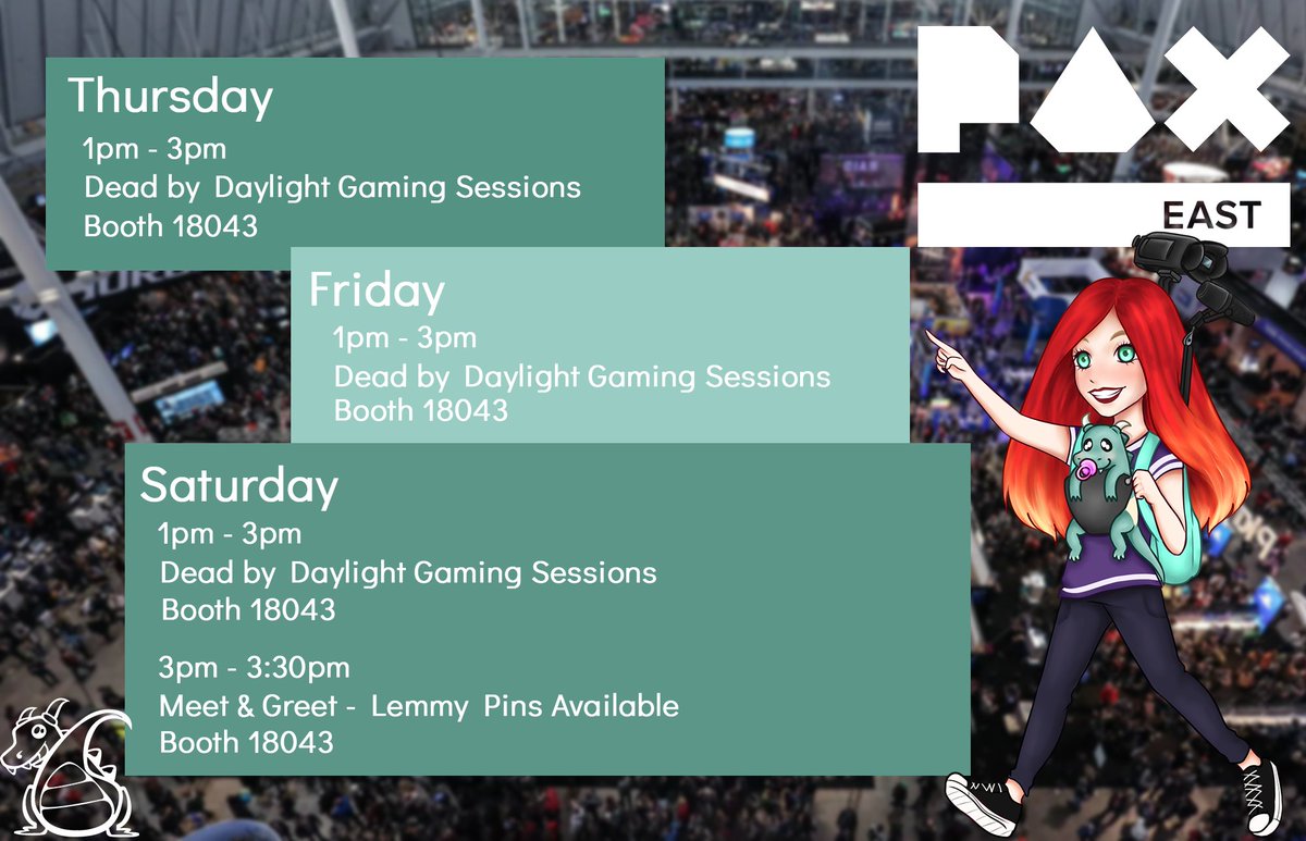 Cahlaflour's tweet photo. Thrilled to announce my PAX East schedule!!! This year @DeadbyDaylight is hosting me at their booth.

Come play against me as the Killer in your DBD games and show up to my Meet and Greet for pictures/autographs/Lemmy enamel pins!  

#PAXEast #DeadbyDaylightPartner #sponsored https://t.co/4eA2piF1UY