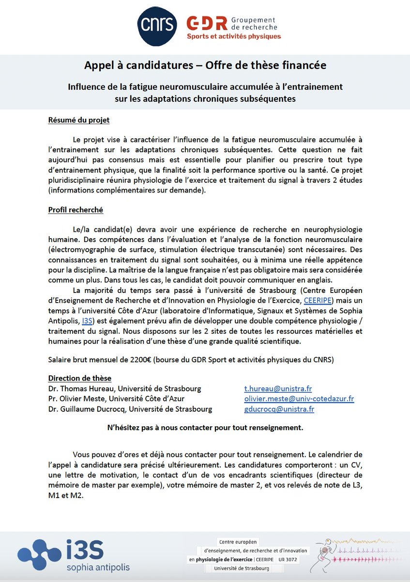 🚨 PhD opportunity 
Join a funded project on neuromuscular fatigue &amp; training adaptations. Interdisciplinary project with signal processing  
📍Based in Strasbourg (4th most bike-friendly city in Europe) with visits in Nice (French Riviera) 
📩 Email for info