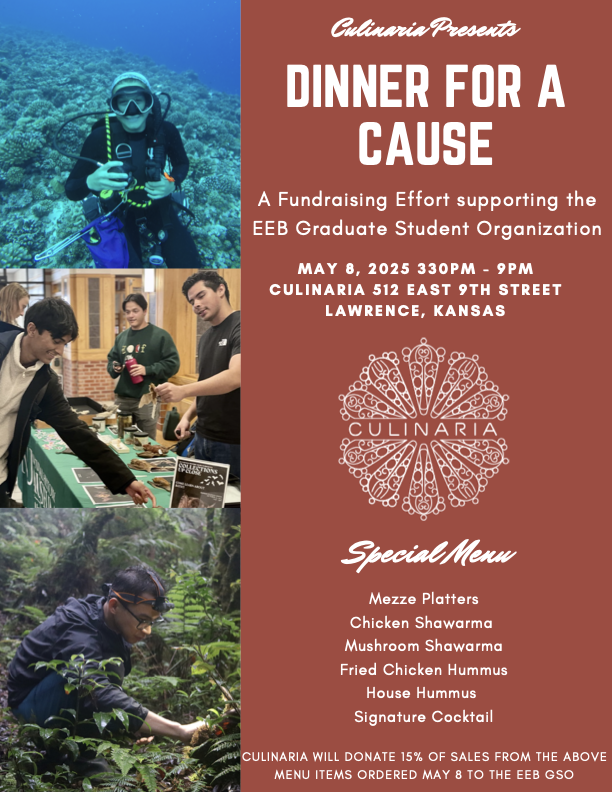 KU EEB GSO (@kueebgso) on Twitter photo Attention!! The <a href="/KU_EEB/">KU Ecology & Evolutionary Biology</a> GSO is hosting a fundraiser this Thursday, May 8th. Please join us for dinner and order off the special menu to support graduate students!! Attention!! The <a href="/KU_EEB/">KU Ecology & Evolutionary Biology</a> GSO is hosting a fundraiser this Thursday, May 8th. Please join us for dinner and order off the special menu to support graduate students!!