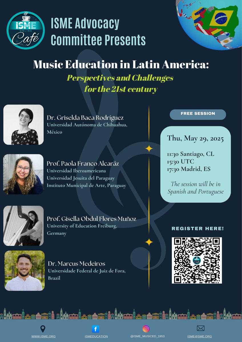 🎶 ISME Online Café: Music Education in Latin America
🗓 May 29 | 11:30 CL | 15:30 UTC | 17:30 Madrid
📍 Free session (in Spanish &amp; Portuguese)
🌎 Hear from educators across Mexico, Paraguay, Brazil &amp; Germany.
🔗 Register: us06web.zoom.us/meeting/regist…
#ISME #MusicEducation
