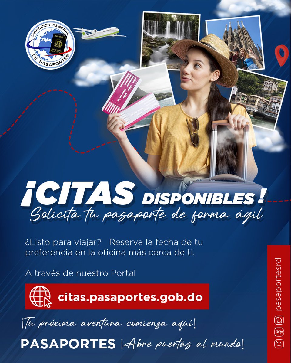¡Nuestras citas disponibles te están esperando!

Elige tu próxima aventura, cada lugar tiene una historia única que contar. Haz tu cita a través de nuestro portal web citas.pasaportes.gob.do, elige la fecha y la hora de tu preferencia y obtén el pasaporte de manera rápida.

¡Te