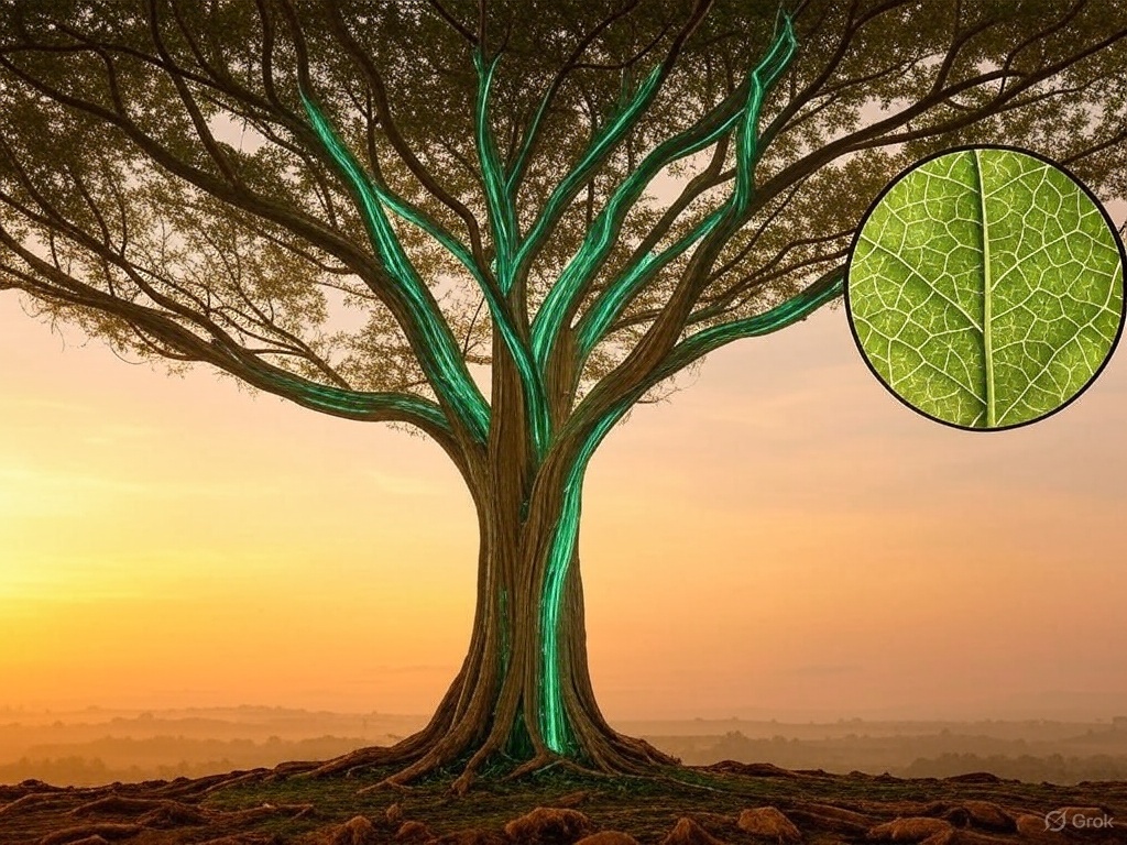 EmmanuelGingras's tweet image. Fractal resonance in nature: A tree’s branching (D~2.7) pulses at 10 Hz, driving nutrient flow across scales. Harmony in every leaf!  #FractalScience #NatureResonance