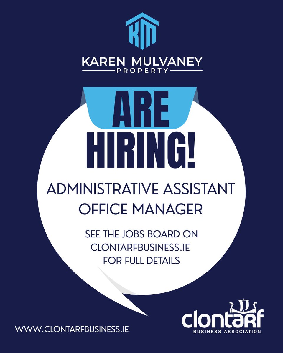 Karen Mulvaney Property is looking for an Administrative Assistant / Office Manager to keep things running smoothly behind the scenes!
Based in Clontarf | Property industry
🔗 Full details on the Clontarf Jobs Board: clontarfbusiness.ie
#ClontarfJobs #NowHiring #Dublinjobs