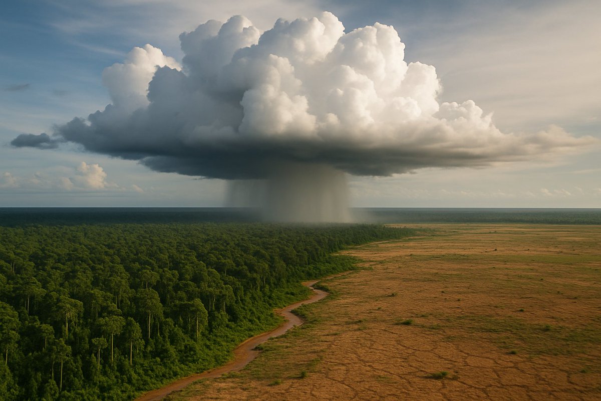 LauraPaccini's tweet photo. ➡️This study provides insights for predicting rainfall changes in regions experiencing land surface modifications, as these alter gradients and may impact storm behavior. 
This cool AI-generated figure shows a storm forming over contrasting soil moisture conditions in the Amazon. https://t.co/NNcQMJNuaK