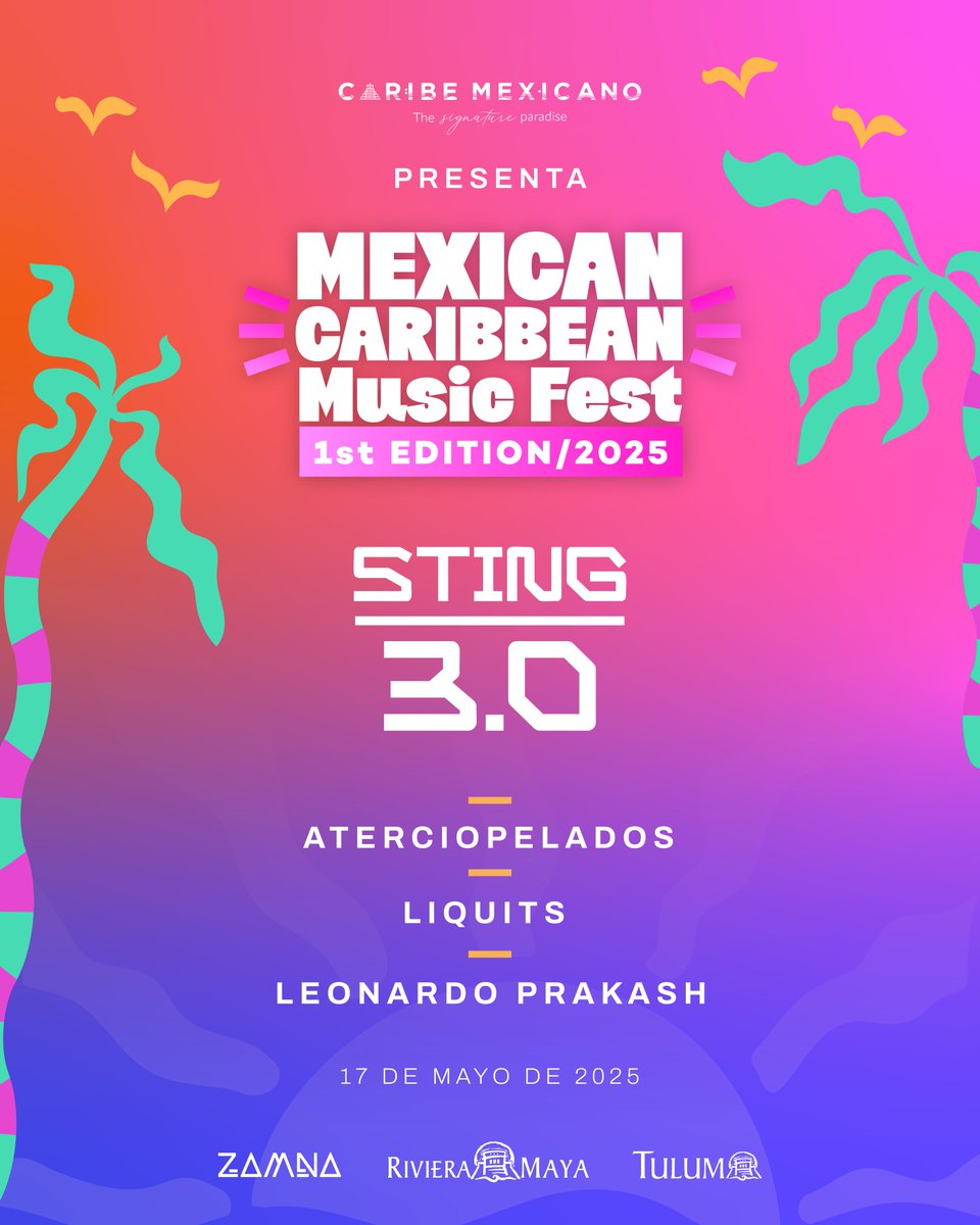 Mexican Caribbean Music Fest (@mexcmusicfest) on Twitter photo ¡El lineup ha sido revelado! 🔥
#Sting lidera la noche, acompañado por la energía de @Aterciopelados, el ritmo de #Liquits y la propuesta única de <a href="/LeonardoPrakash/">Leonardo Prakash</a>, en el primer #MexicanCaribbeanMusicFest este 17 de mayo.
¿List@ para una noche inolvidable en #Zamná? ¡El lineup ha sido revelado! 🔥
#Sting lidera la noche, acompañado por la energía de @Aterciopelados, el ritmo de #Liquits y la propuesta única de <a href="/LeonardoPrakash/">Leonardo Prakash</a>, en el primer #MexicanCaribbeanMusicFest este 17 de mayo.
¿List@ para una noche inolvidable en #Zamná?