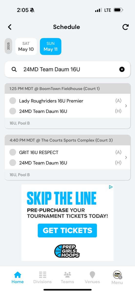 16U girls weekend game schedule;