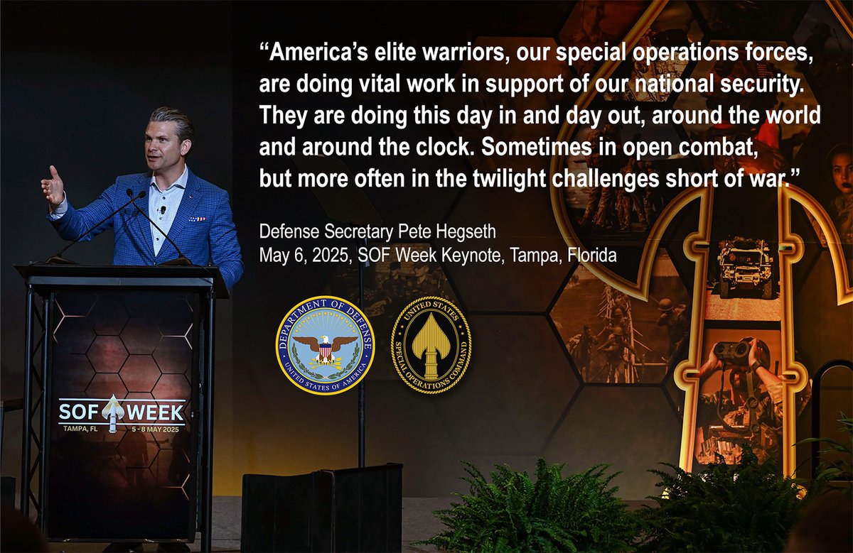 USSOCOM (@ussocom) on Twitter photo "America's elite warriors, our special operations forces, are doing vital work in support of our national security. They are doing this day in and day out, around the world and around the clock."
- <a href="/SecDef/">Secretary of Defense Pete Hegseth</a> Pete Hegseth during his #SOFWeek 2025 keynote.
#WarriorEthos #Deterrence "America's elite warriors, our special operations forces, are doing vital work in support of our national security. They are doing this day in and day out, around the world and around the clock."
- <a href="/SecDef/">Secretary of Defense Pete Hegseth</a> Pete Hegseth during his #SOFWeek 2025 keynote.
#WarriorEthos #Deterrence