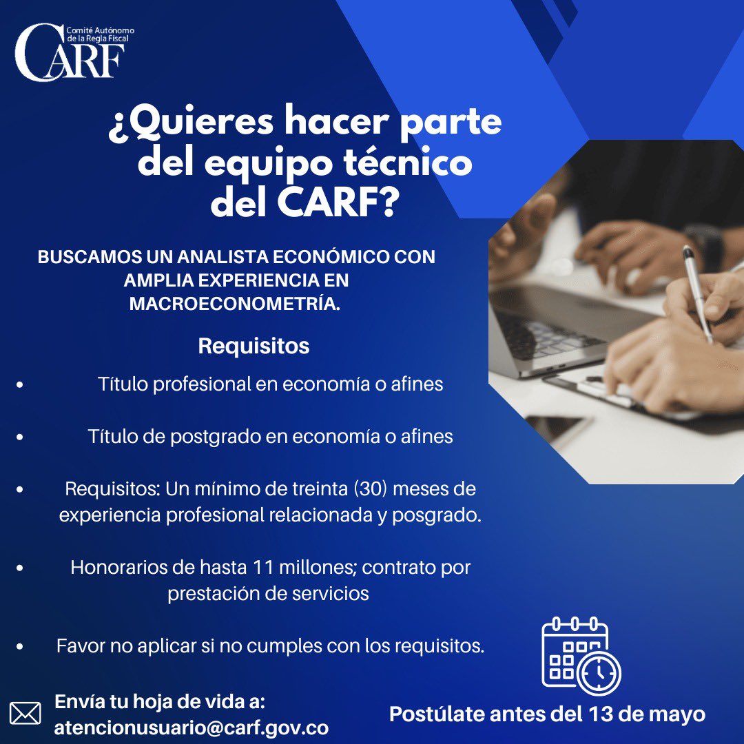 ¡Únete al equipo técnico del CARF!
Buscamos un analista económico con experiencia en macroeconometría.