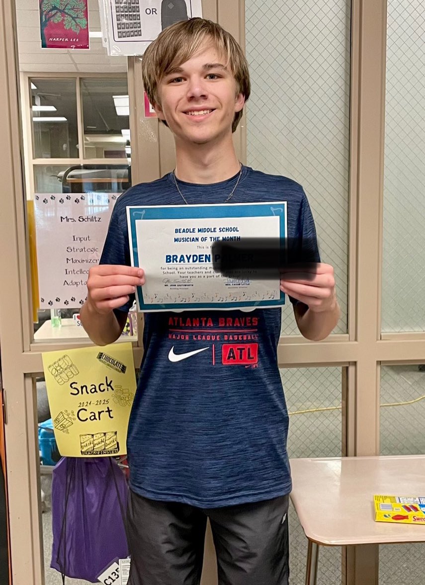 Beadle Middle School Activities (@bmsactivities) on Twitter photo Brayden is our Musician of the Month! He comes to every rehearsal with full energy, a positive attitude and a strong work ethic. He is a team player that gets along with all of the students and makes those around him feel valued! Keep up the great work! <a href="/MPS_Beadle/">Beadle Middle School</a> Brayden is our Musician of the Month! He comes to every rehearsal with full energy, a positive attitude and a strong work ethic. He is a team player that gets along with all of the students and makes those around him feel valued! Keep up the great work! <a href="/MPS_Beadle/">Beadle Middle School</a>