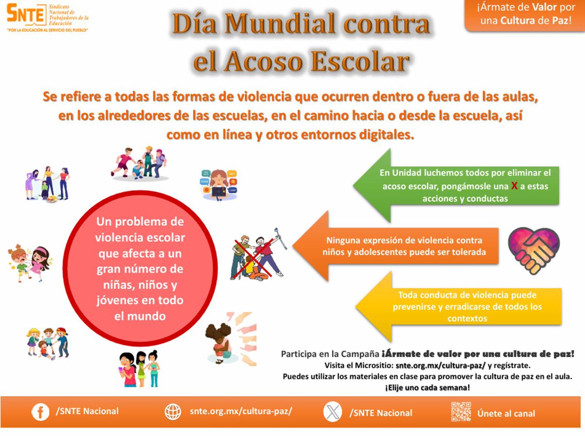 ¡Á𝕣𝕞𝕒𝕥𝕖 𝕕𝕖 𝕧𝕒𝕝𝕠𝕣 𝕡𝕠𝕣 𝕦𝕟𝕒 𝕔𝕦𝕝𝕥𝕦𝕣𝕒 𝕕𝕖 𝕡𝕒𝕫!

En este mes contra el acoso escolar, actuemos juntos para eliminar estas conductas y construir entornos seguros para aprender y convivir. 
¡Participa y regístrate! ✍️
Visita: snte.org.mx/cultura-paz/