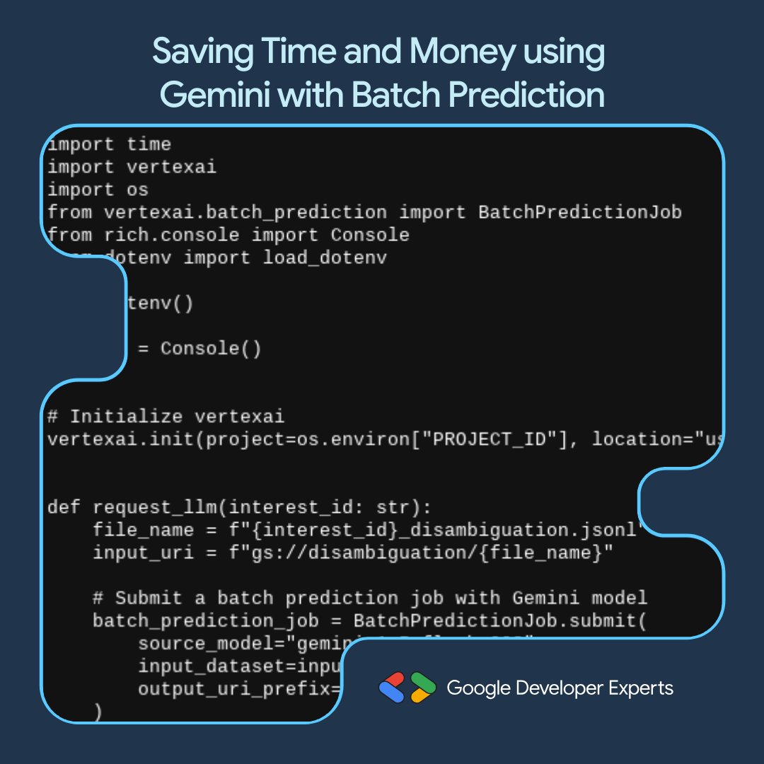 @GoogleDevExpert (@googledevexpert) on Twitter photo 💡 Build better with Gemini. Process large volumes of prompts efficiently and cost-effectively using Batch Prediction on Vertex AI.
It's perfect for bulk summarization, translation, analysis, and more. Get the technical breakdown and setup guide with GDE <a href="/jggomezt/">Juan Guillermo Gómez</a> here→ 💡 Build better with Gemini. Process large volumes of prompts efficiently and cost-effectively using Batch Prediction on Vertex AI.
It's perfect for bulk summarization, translation, analysis, and more. Get the technical breakdown and setup guide with GDE <a href="/jggomezt/">Juan Guillermo Gómez</a> here→